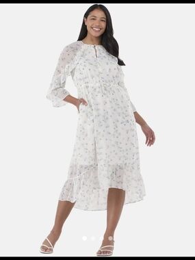 Time and Tru White Floral Ruffle Tie-Waist High-Low Midi Dress